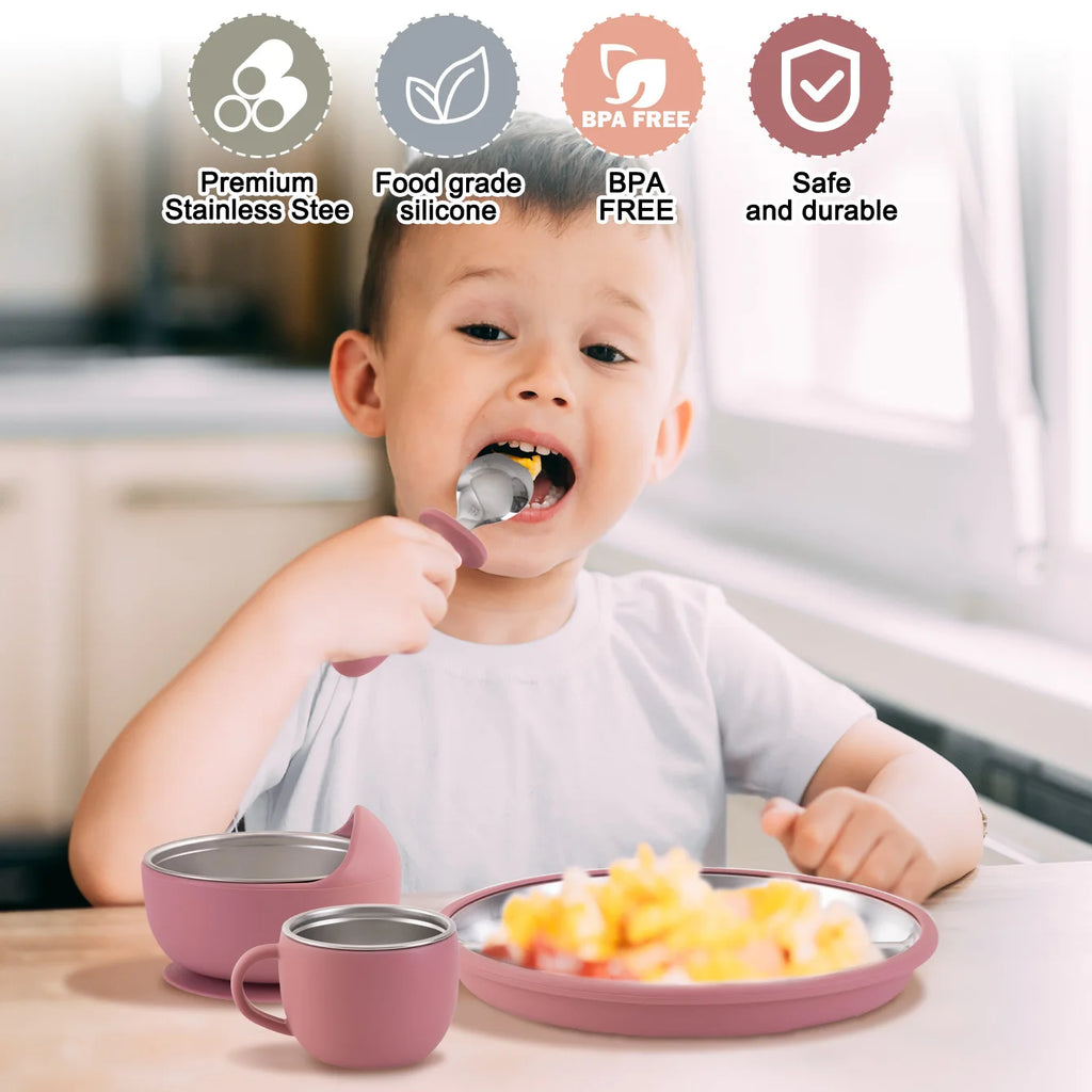 Juego de alimentación de bebé con plato de platos de acero inoxidable, cuenco con ventosa de silicona desmontable, sin BPA, tenedor infantil, cuchara, regalos, 5 uds.