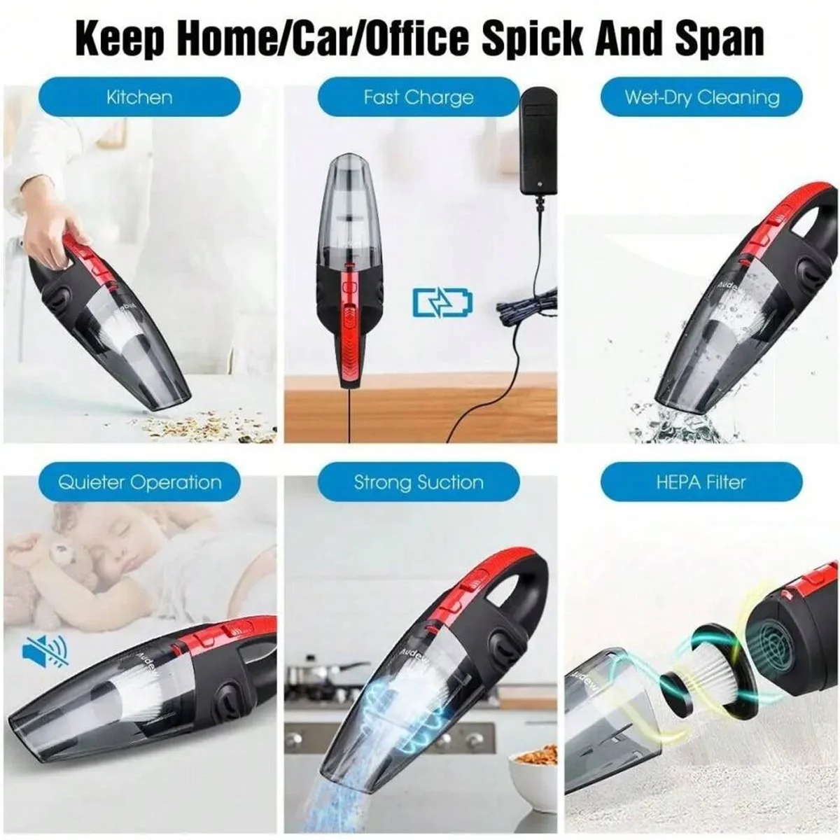 Aspiradora portátil con carga rápida en el vehículo, aspiradora inalámbrica portátil para el cabello de mascotas con fuerte atracción recargable