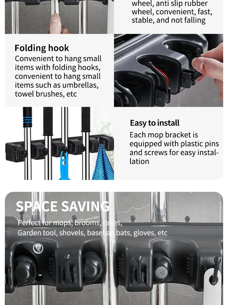 Soporte para fregona montado en la pared, colgador multifuncional de 3/4/5 posiciones, estante de almacenamiento de plástico mágico negro para cocina y hogar