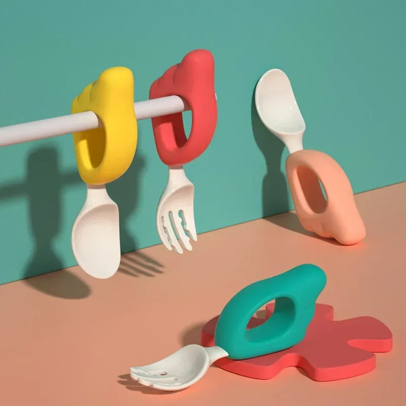 Cuchara, tenedor para bebé, aprender a comer, entrenar, 1-2 años, comer, juego de palillos para bebé, tenedor de comida complementaria, vajilla de plástico