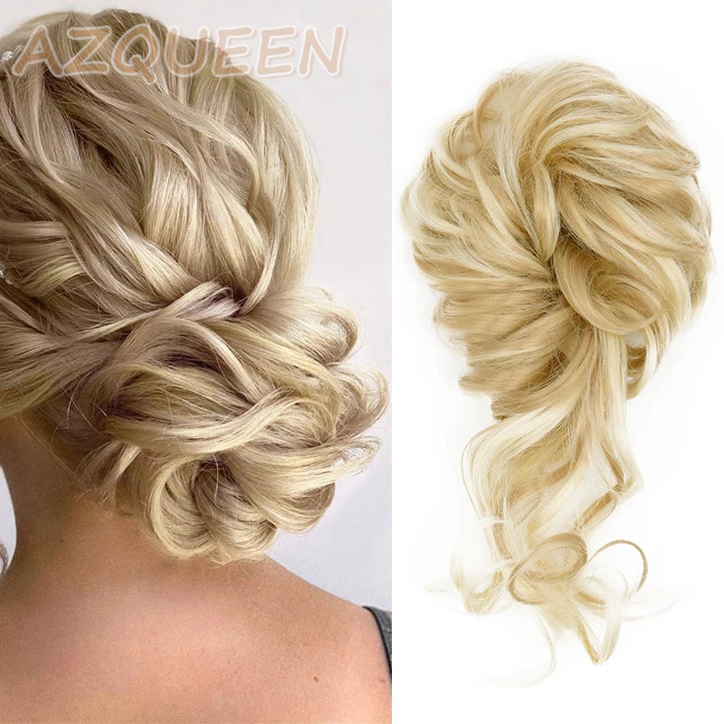 AZQUEEN moño de pelo sintético moño Natural gris desordenado banda para el cabello rizado elástico Scrunchy piezas de cabello falso para mujeres horquillas