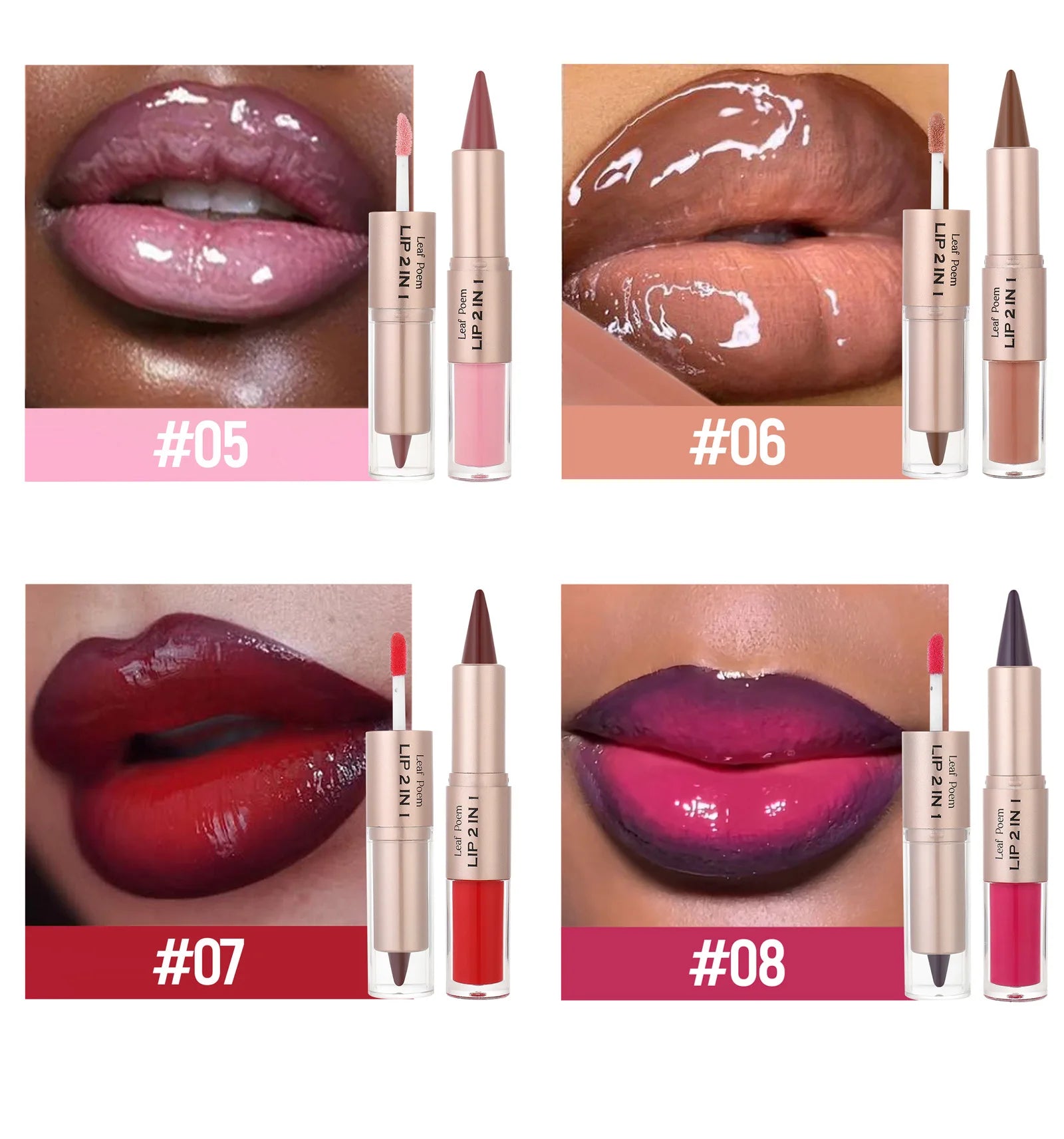 Delineador de labios cónico negro y marrón, lápiz de contorno, espejo de doble cabeza, brillo de labios de cristal, maquillaje de tinte de labios rojos sexis