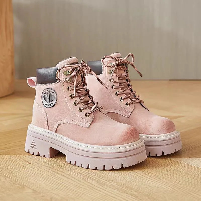 Botas cortas de tacón medio para mujer, zapatos altos a la moda, nuevos botines cómodos con cordones para ocio al aire libre para otoño e invierno