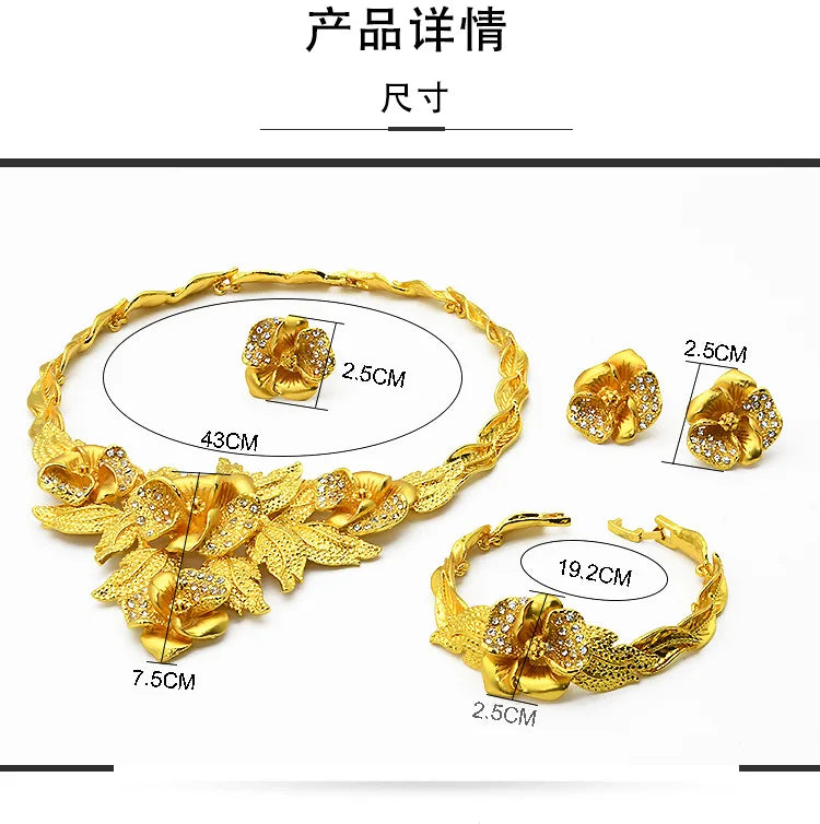 Juego de joyería nupcial de lujo en oro 24k Au999 para novias africanas y mujeres saudíes, collar, pulsera, aretes y anillo, 4 piezas, regalo.