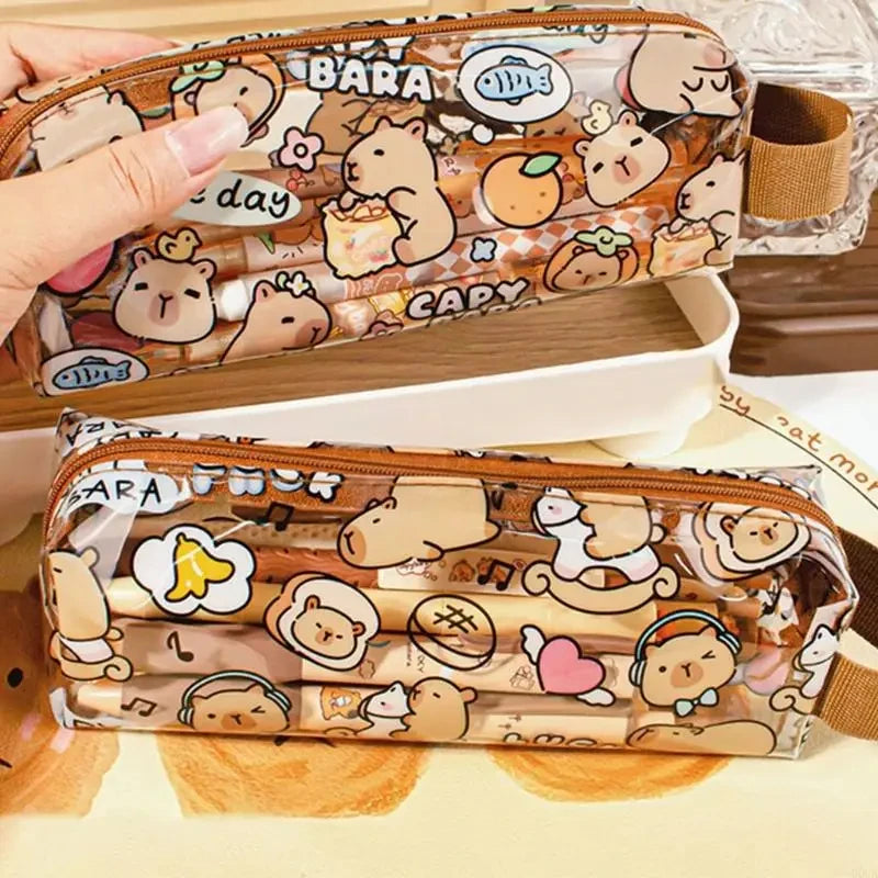 Estuches de lápices de capibara de dibujos animados, bonitos bolsos para bolígrafos, estuche de lápices con cremallera Kawaii, papelería para estudiantes, suministros escolares y de oficina, regalos