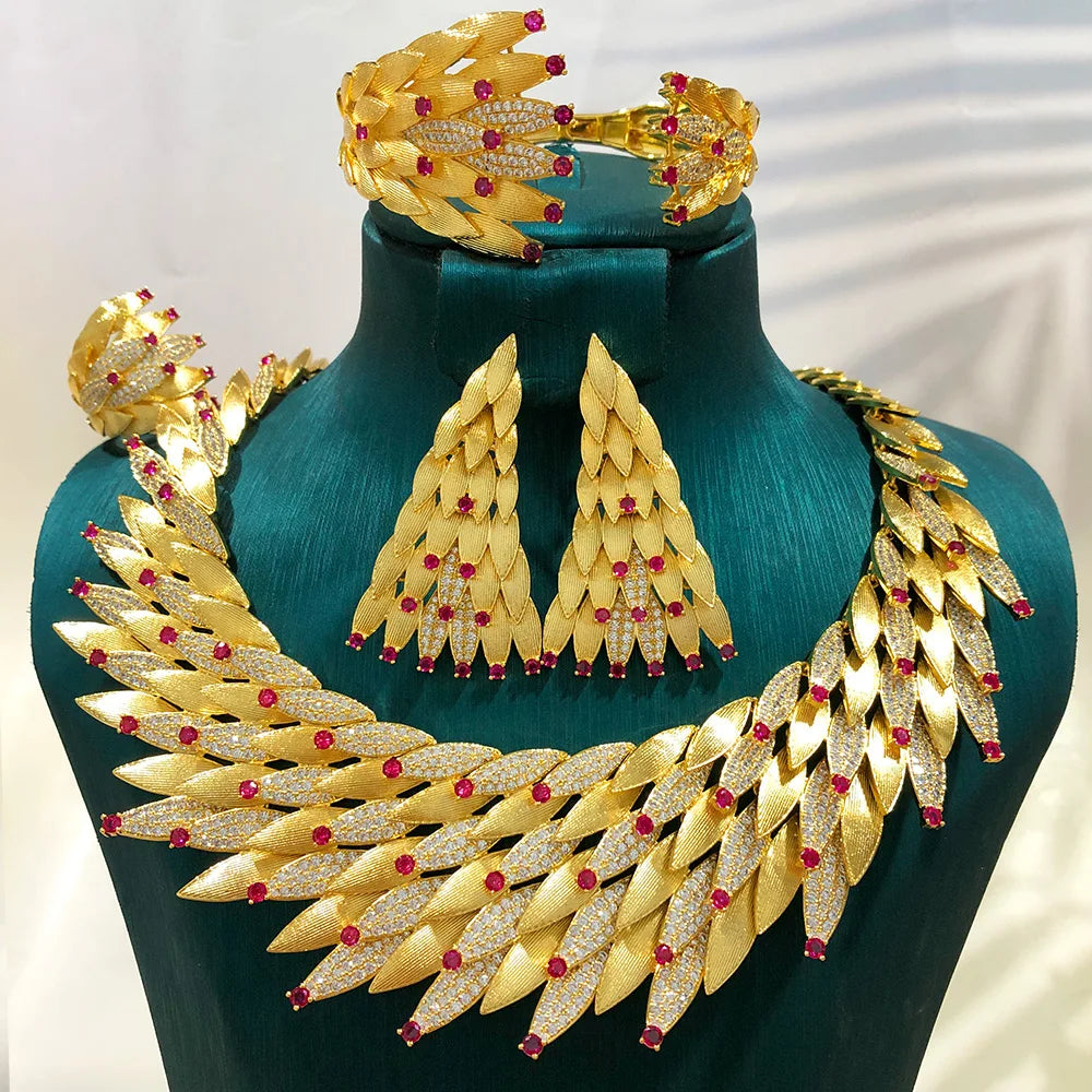 GODKI Nuevo Conjunto de Joyería Africana de Lujo con Hojas de Arce, 4 Piezas, para Mujer, Boda, Fiesta, Circonita Cúbica, Joyería Nupcial India