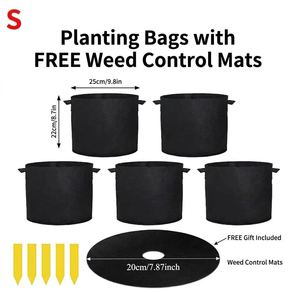 Paquete de 5 Bolsas de Cultivo de Tela + Alfombrillas Antihierbas y Etiquetas Gratis, Macetas de Tela No Tejida para Tomates, Fresas y Vegetales, Macetas de Poda Aérea Tamaños S/M/L/XL/2XL/3XL