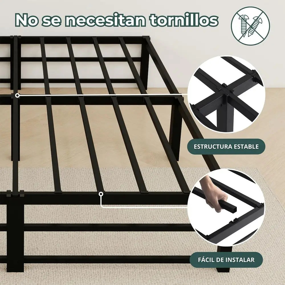 Cama Matrimonial Diseño Sin Tornillos 190x135x30CM, Marco de Metal con Plataforma, Gran Espacio de Almacenamiento, Base de Cama