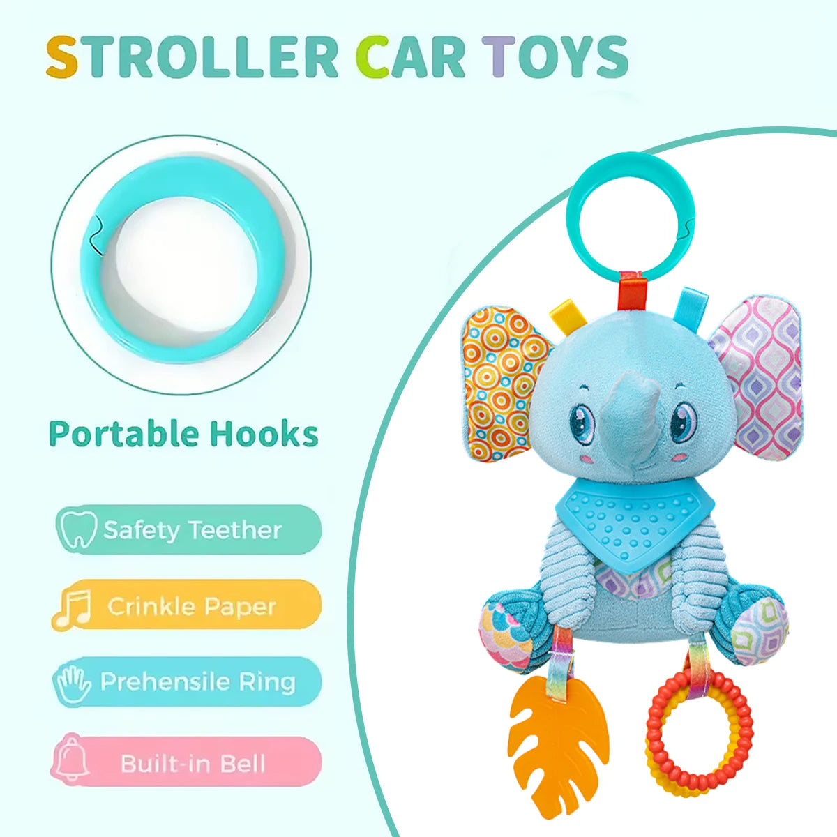 Cochecito de juguete de aprendizaje sensorial arrugado, colgante suave, asiento de coche, cuna, viaje, Animal de peluche, carillón de viento con mordedor para niños y niñas