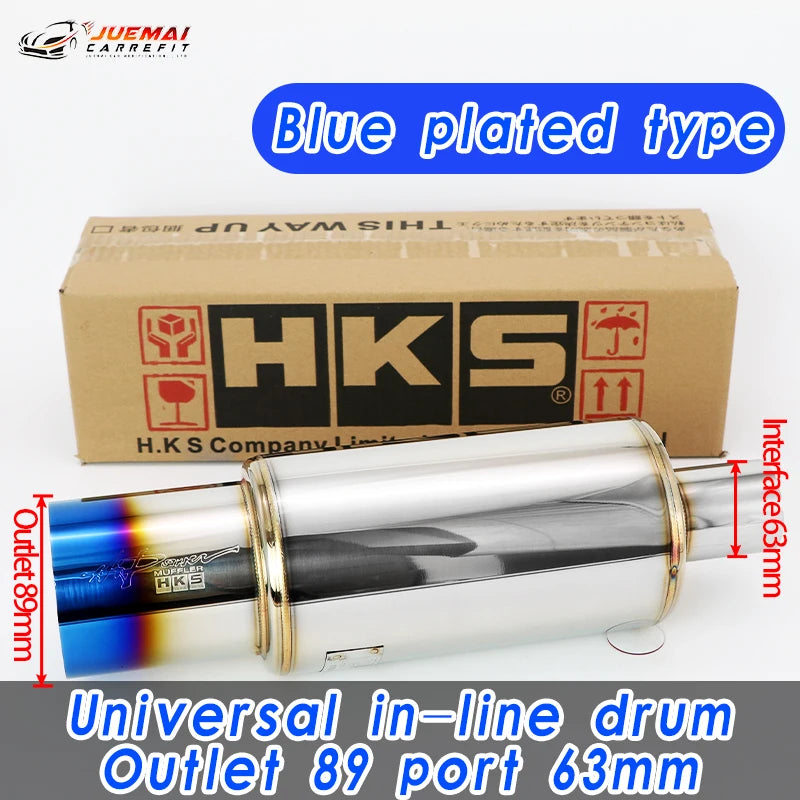 Tubo de escape de coche, piezas modificadas, silenciador HKS, tubo de escape recto, salida Universal 89MM, plata brillante, azul, acero inoxidable 51 63 76mm apto
