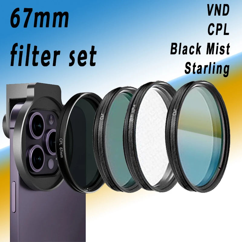 Juego de filtros de 67 mm Lente de teléfono Incluye filtro ND variable CPL Star Negro Suave con clip de metal para teléfonos inteligentes iPhone Teléfono móvil