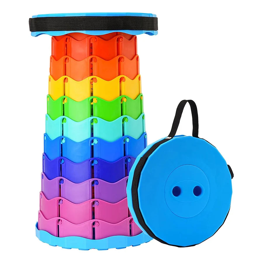 Un taburete portátil plegable de color arcoíris, silla plegable de plástico, adecuada para pesca al aire libre, reuniones de fiesta, taburete plegable con altura ajustable.