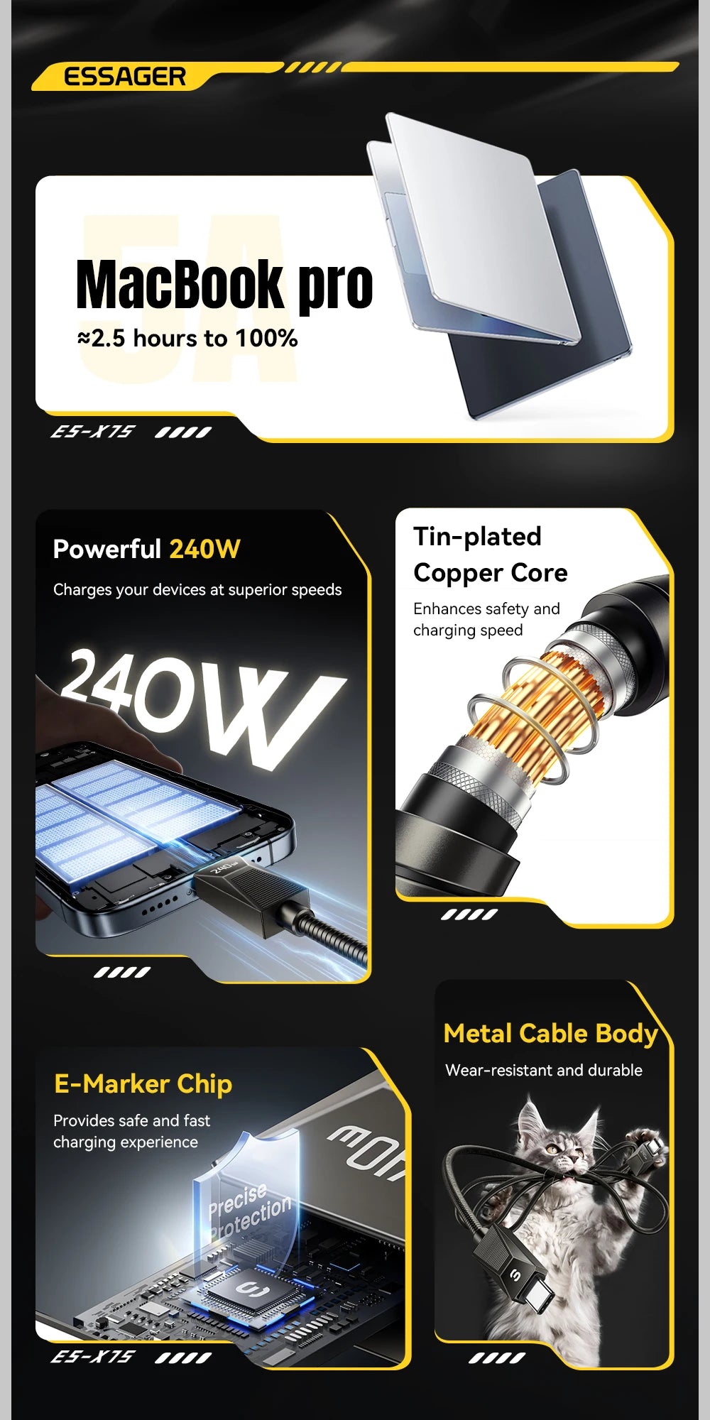 Essager-Cable tipo C de carga súper rápida de 240W, Cable de datos de acero inoxidable de carga rápida de 100W 5A para Macbook iPad iPone 16 15 Pro Max
