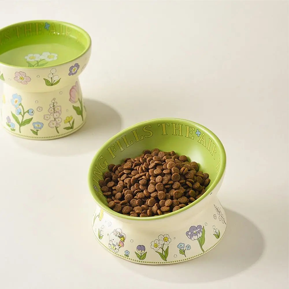 Tazón de cerámica verde duradero para gatos, tazón antideslizante con diseño de conejo y flores, tazón elevado diagonal para beber y alimentar.
