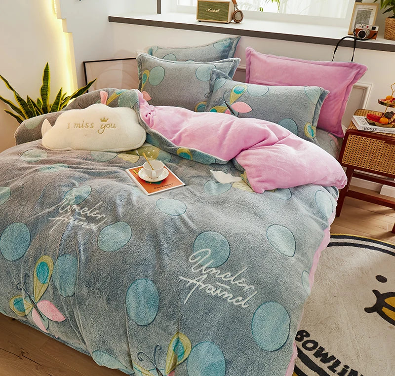 Funda nórdica de lana gruesa y cálida de franela Coral para invierno, juego de cama de terciopelo de doble cara, funda de edredón individual doble Queen King Size