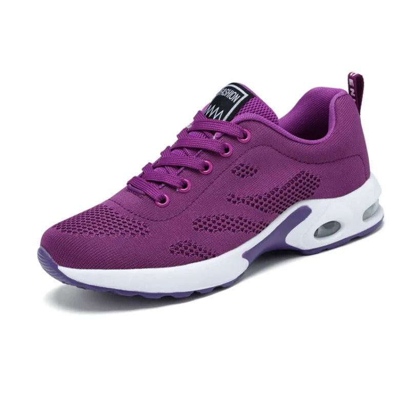 Zapatos deportivos transpirables con amortiguación de aire para mujer, zapatillas informales con cordones cruzados y tacón plano con punta redonda de estilo coreano