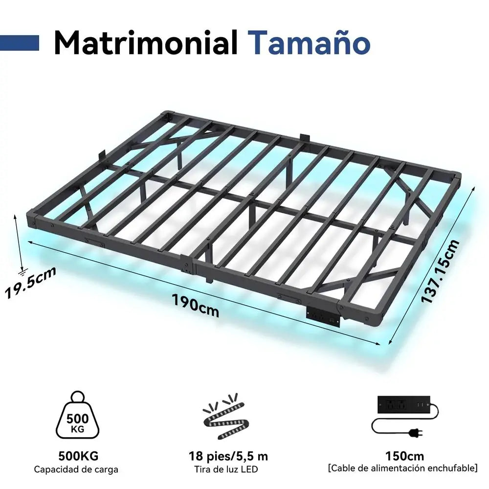 Base de Cama Matrimonial Flotante con Luces LED Ajustables, Regleta de Enchufes con USB, Plataforma de Metal con Listones de Acero