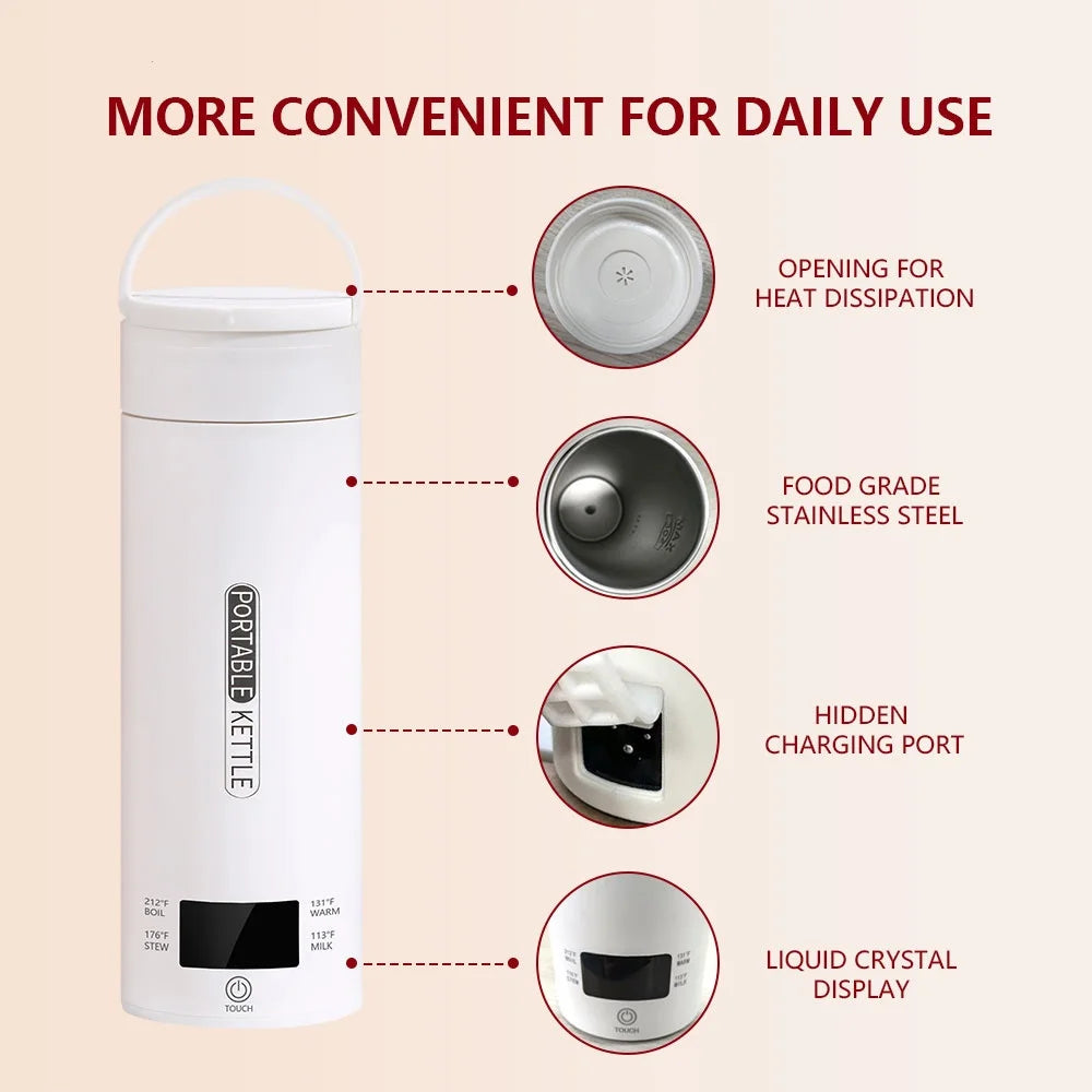 JFBONIN-hervidores eléctricos portátiles para té y café, hervidor de agua para hervir, taza térmica, botella de agua antiescaldaduras, menú en inglés