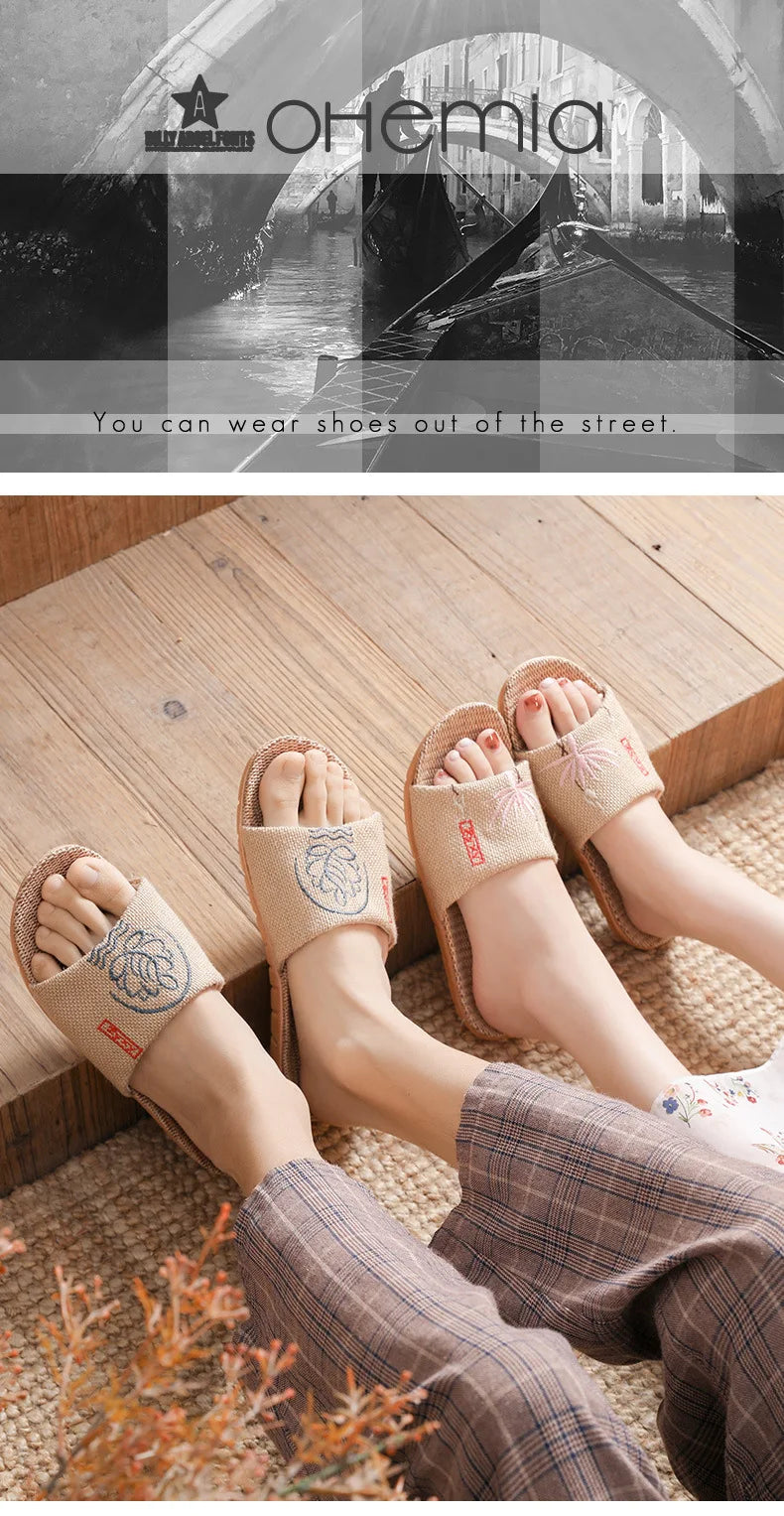 Zapatillas de lino antideslizantes para mujer, sandalias bordadas para el hogar, interior, Verano