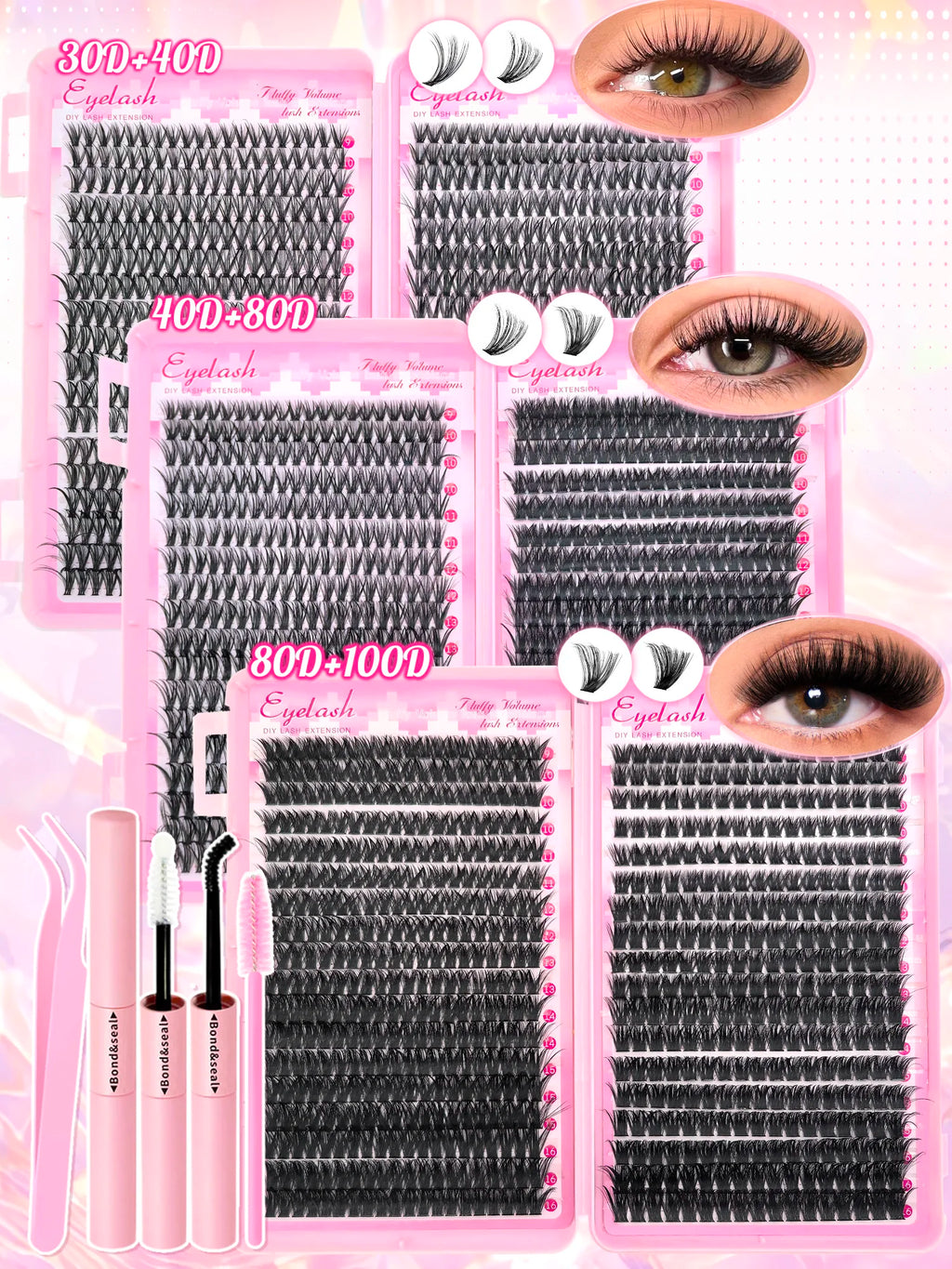 Kit de extensión de pestañas DIY, grupos de pestañas individuales de 9-16mm con unión y sello, pestañas naturales tenues