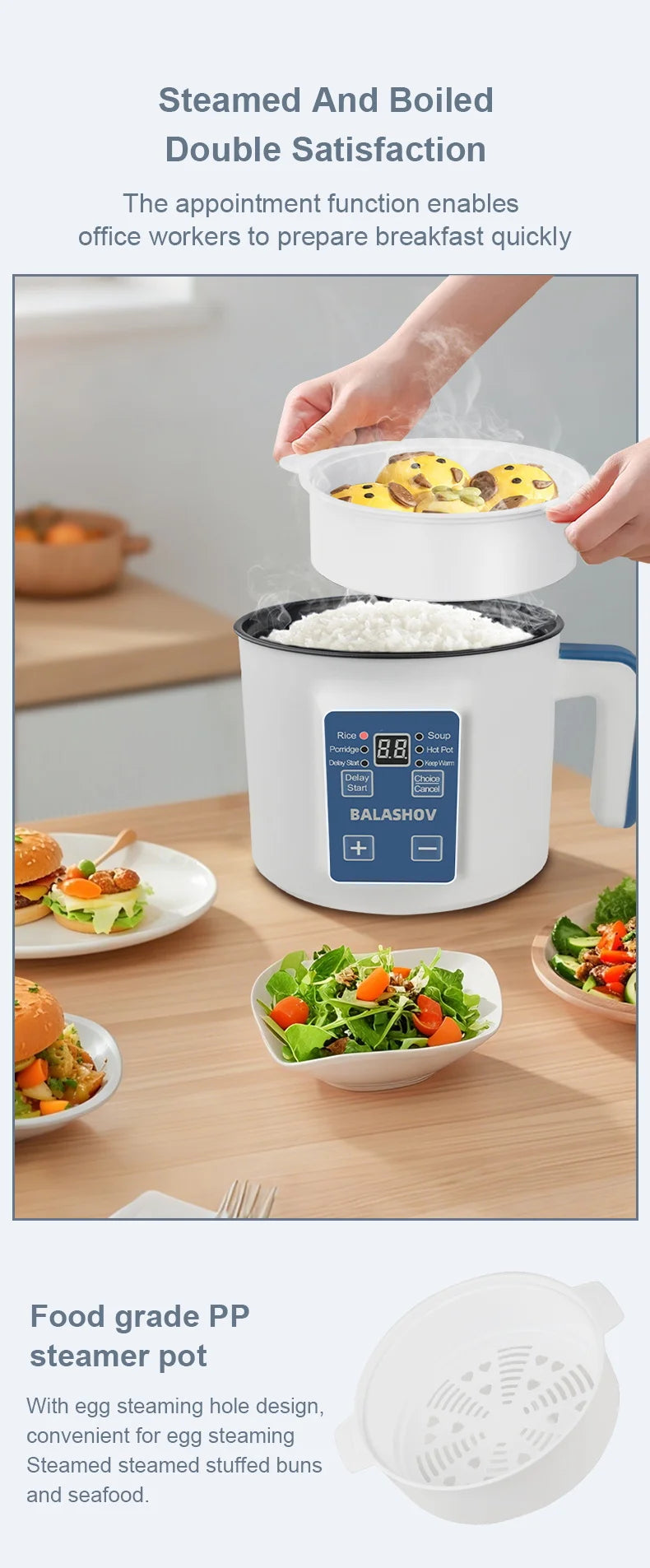 Olla arrocera eléctrica individual de doble capa, Mini cocina automática inteligente para el hogar, enchufe europeo de 220V, multicocina de arroz al vapor P