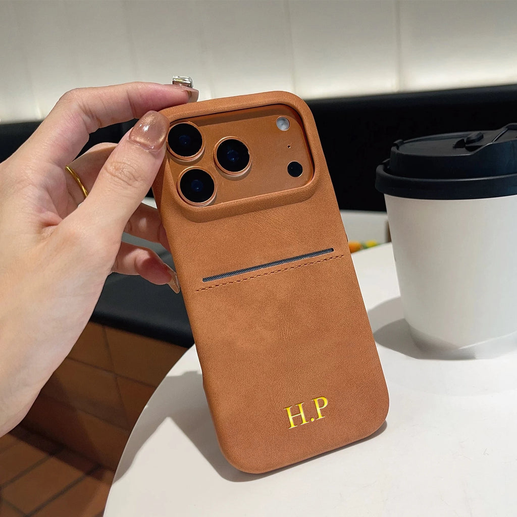 Funda de tarjeta insertable de piel sintética Vintage personalizada para iPhone 17 16 15 14 13 Pro Max Air nombre personalizado estampado de lámina dorada caliente