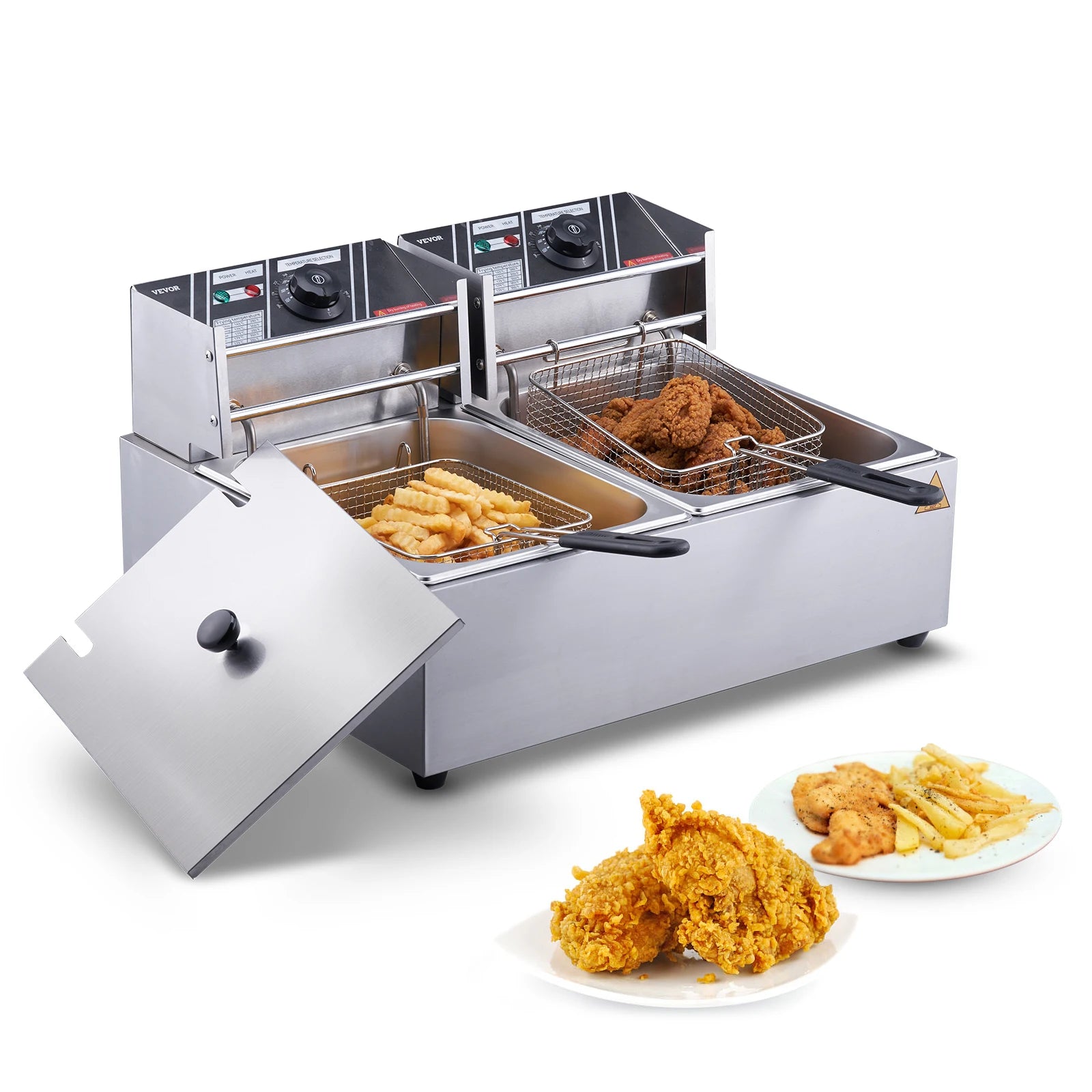 VEVOR Freidora Eléctrica Comercial 2 Tanques 12L 6000W Freidora de Aceite de Acero Inoxidable con 2 Cestas para Freír Temperatura y Tiempo Ajustables 50-200°C para Aros de Cebolla Pollo Patatas Fritas