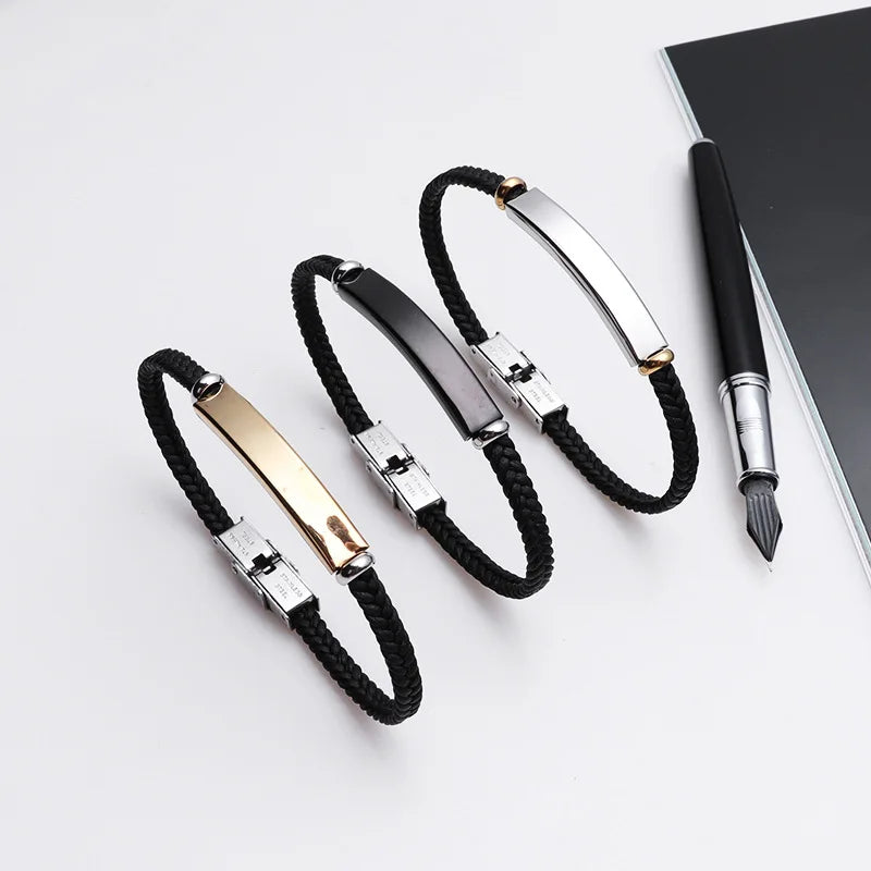 Pulsera Punk fina de cuero con nombre personalizado para hombre, pulseras personalizadas de acero inoxidable para mujer y hombre, pulsera de identificación