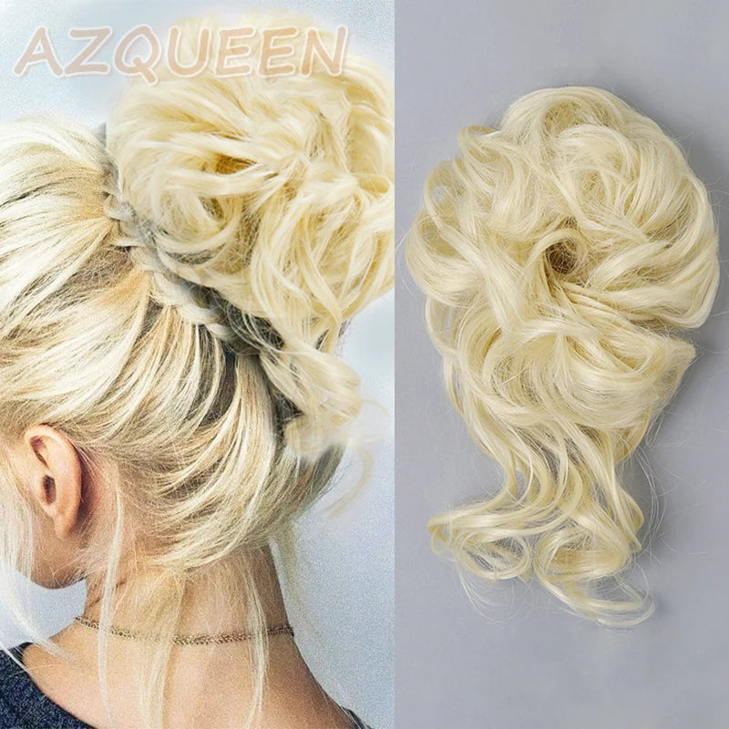 AZQUEEN moño de pelo sintético moño Natural gris desordenado banda para el cabello rizado elástico Scrunchy piezas de cabello falso para mujeres horquillas