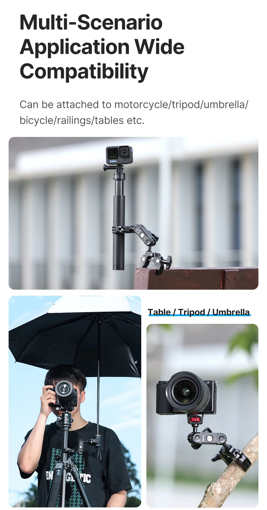 La abrazadera Ulanzi CO17 Super Clamp se puede fijar a rieles de bicicleta, trípode de motocicleta con cabezal de doble bola para cámara de acción panorámica.