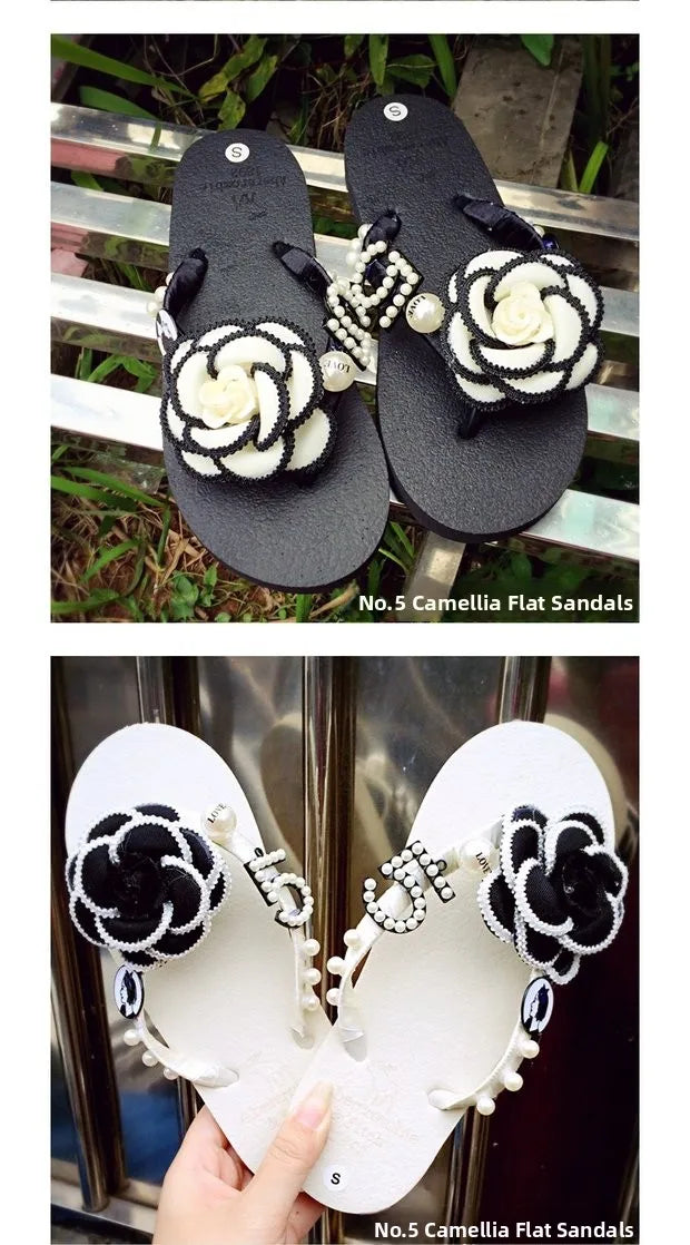 Sandalias Hechas a Mano con Suela Plana Antideslizante, Decoradas con Perlas, con Diseño de Flor de Camelia, Chanclas de Play...