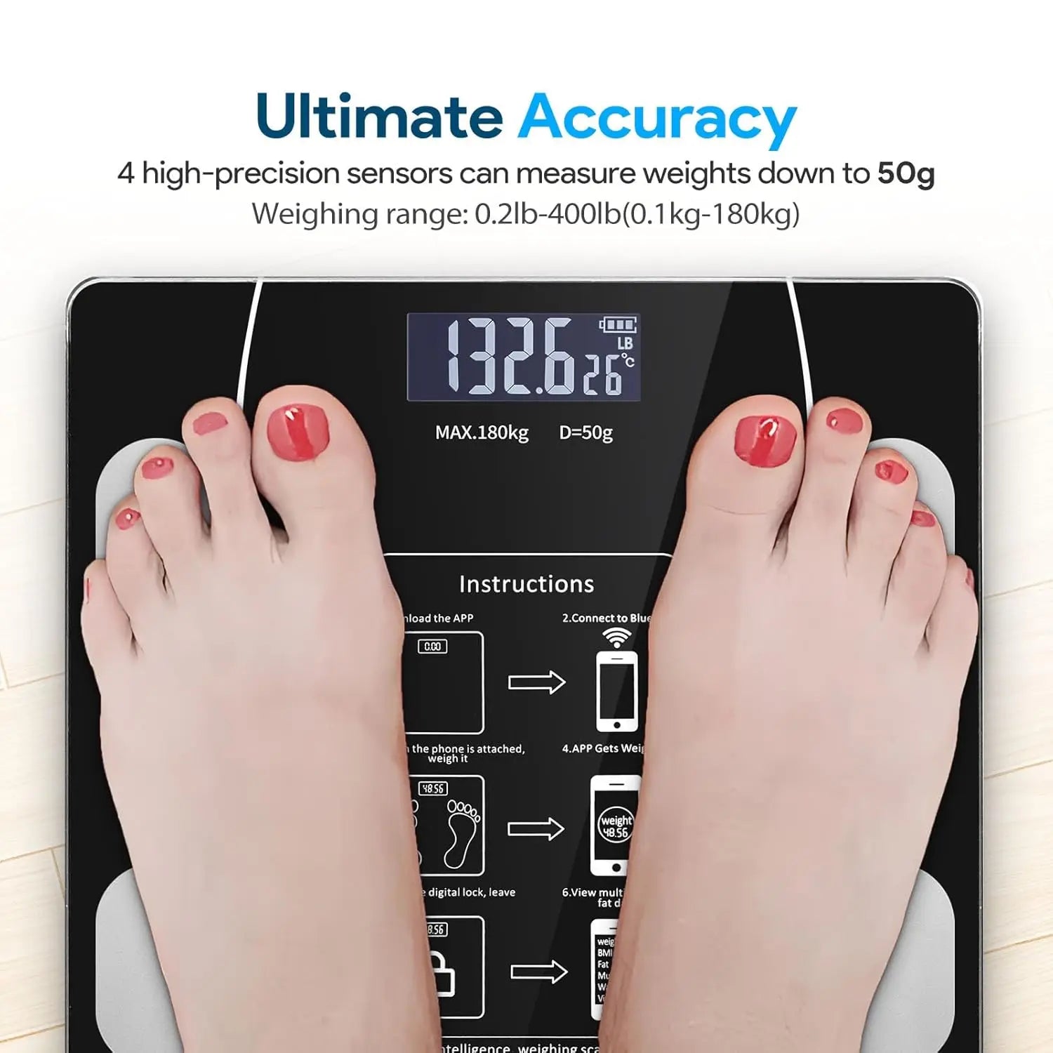 Báscula inteligente de grasa corporal con Pantalla LED - báscula de baño digital con bluetooth, medición precisa de la composición corporal, masa muscular, IMC y análisis de agua corporal