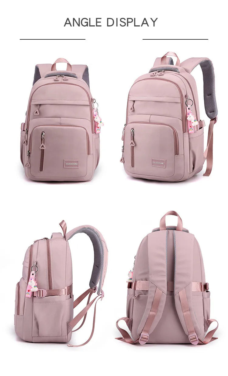Mochila escolar de nailon con colgante para niñas, de viaje con múltiples bolsillos morral, impermeable, informal, estilo Simple