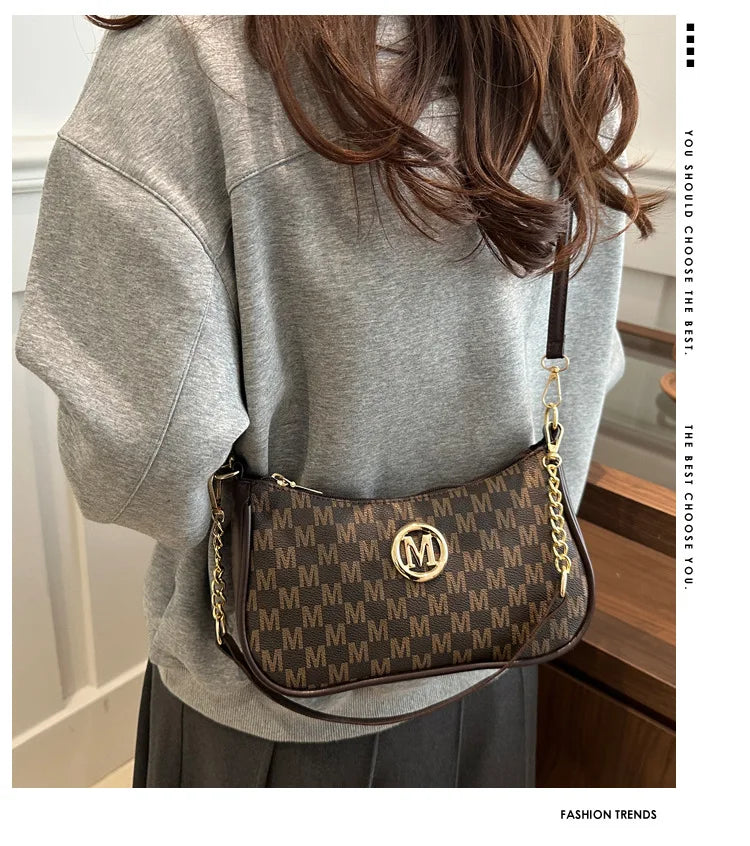 Bolso retro francés para axila, bolso de un hombro con estampado de letras y cadena cuadrada cruzada diagonal para mujer