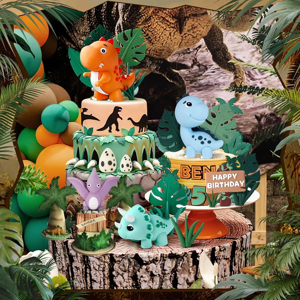 17 Uds. Adorno para tarta de dinosaurio, huevos de dinosaurio, hojas, hierba, decoraciones para pasteles para decoraciones para fiestas temáticas de animales de Safari