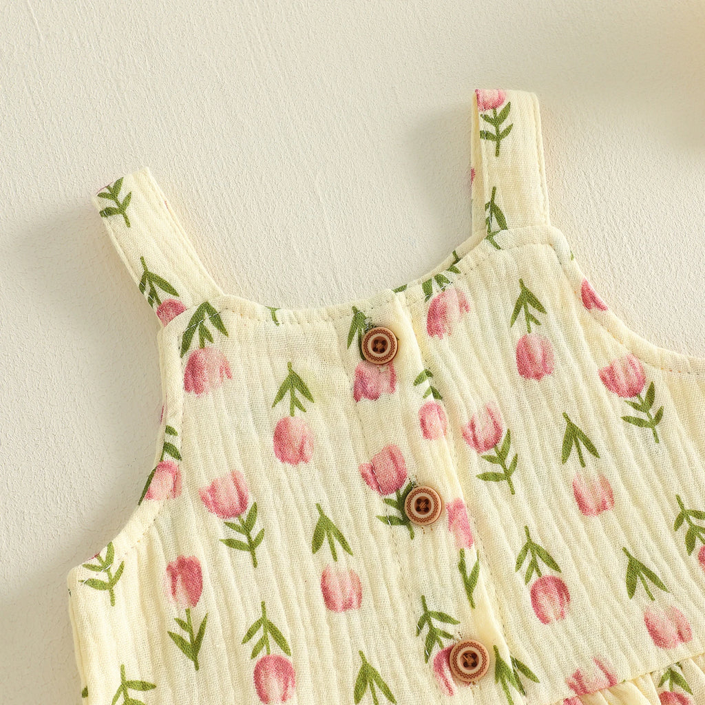 Lioraitiin Conjunto de verano para niñas con estampado floral de tulipanes, sin mangas, cuello cuadrado, camisetas sin mangas, pantalones cortos elásticos con volantes, conjunto de 2 piezas