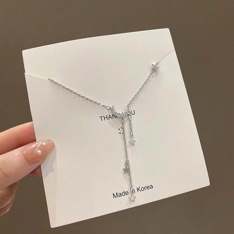 Collar con borlas de Luna y estrella de Color plateado para mujer, cadena de clavícula de cristal exquisita, joyería, regalo de cumpleaños 2026