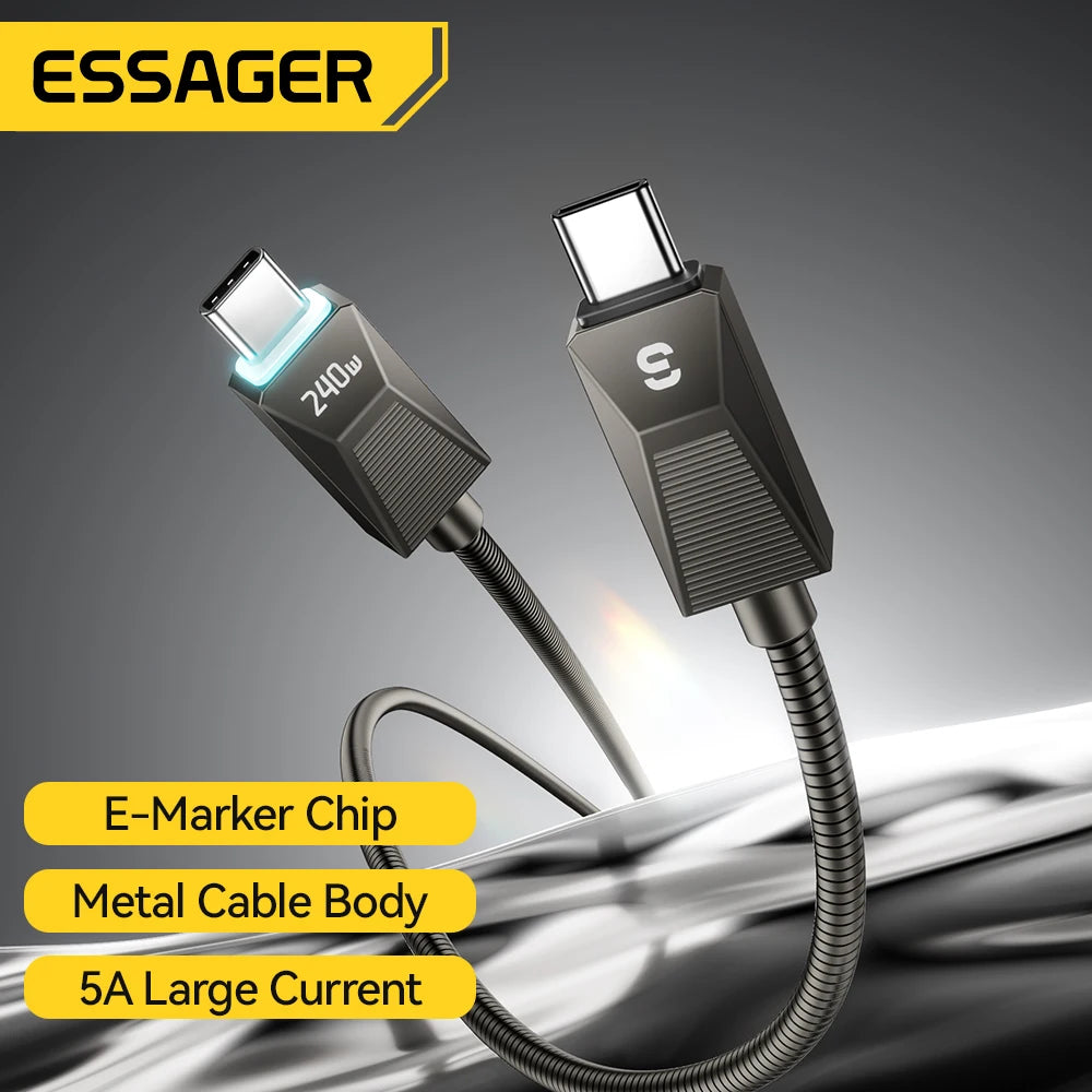 Essager-Cable tipo C de carga súper rápida de 240W, Cable de datos de acero inoxidable de carga rápida de 100W 5A para Macbook iPad iPone 16 15 Pro Max