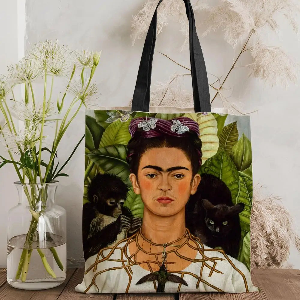 Bolsos de Almacenamiento Art F-Frida Kahlo, Bolso Tote de Lona con Estampado a Doble Cara, Bolso de Hombro de Gran Capacidad para Mujer