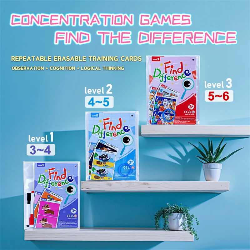 Juego de rompecabezas reutilizable Find The Difference, enfoque borrable y regrabable y entrenamiento de observación, juguete para el desarrollo del cerebro para niños