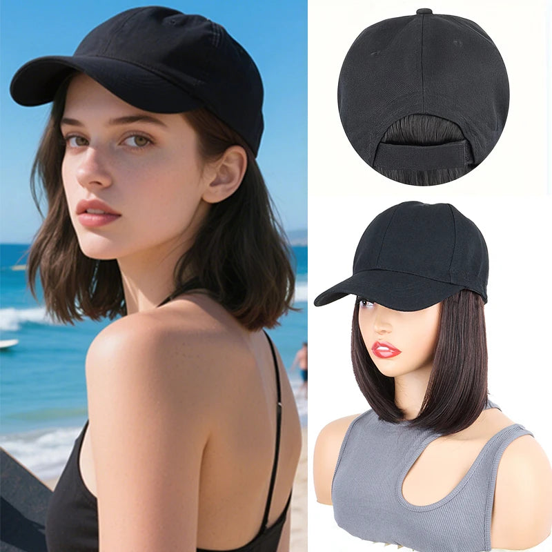 Extensiones de cabello de gorra de béisbol sintética de 12 pulgadas, peluca de sombrero ajustable Bob recta corta, fácil de usar para mujeres de fiesta diarias