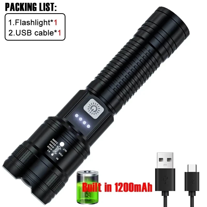 Linternas Led de alta potencia y fuerte, linterna táctica de 2000LM con luz de pantalla, carga USB, Camping, pesca, linterna con Zoom de emergencia