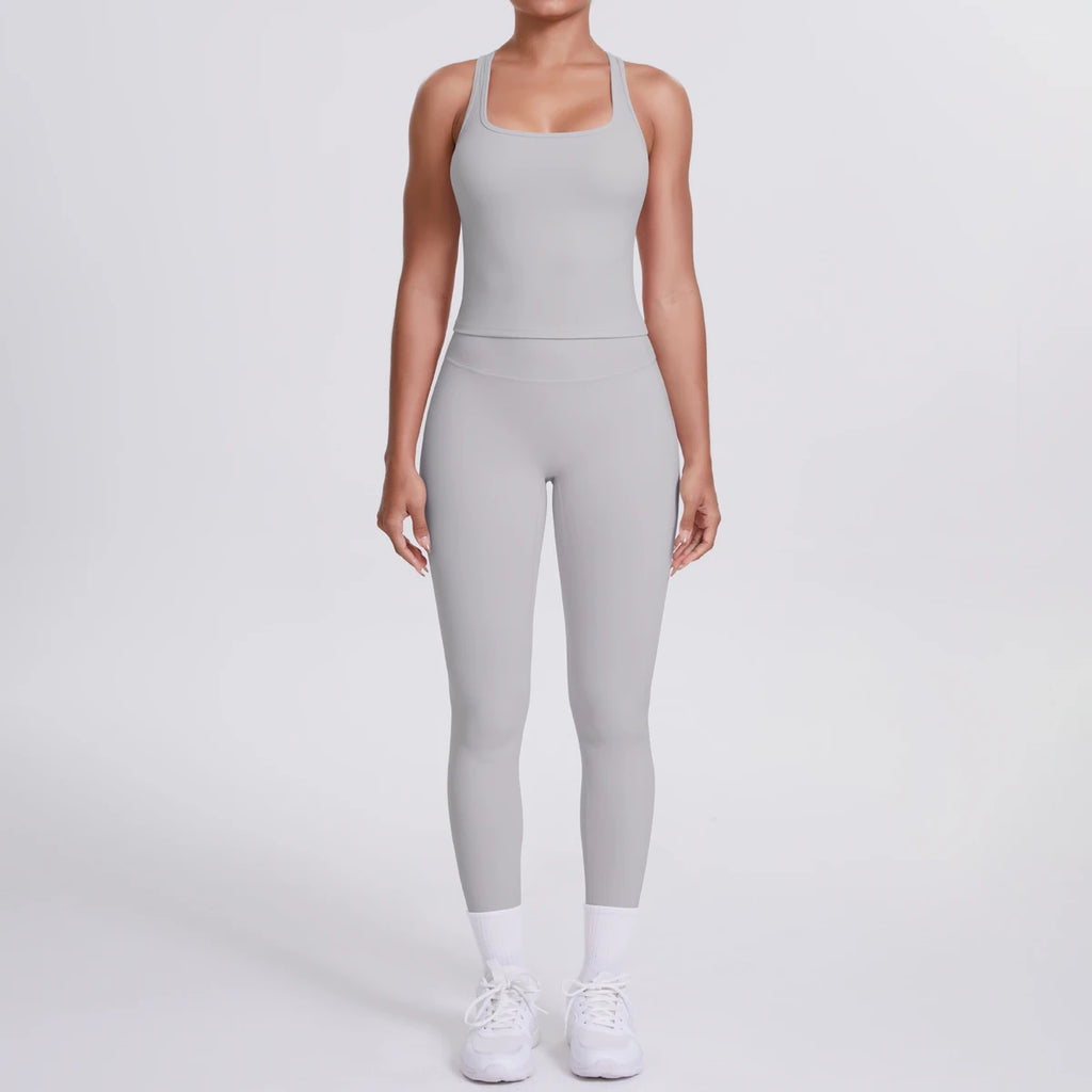 Hamidou - Conjunto de yoga de 2 piezas para mujer: leggings de fitness de secado rápido con efecto push-up y top deportivo con espalda en I de color liso.