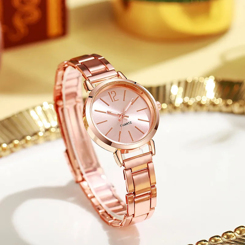 Reloj de lujo para Mujer, esfera redonda Simple, pulsera de oro de moda inoxidable, Reloj de pulsera de cuarzo, relojes para estudiantes y Mujer