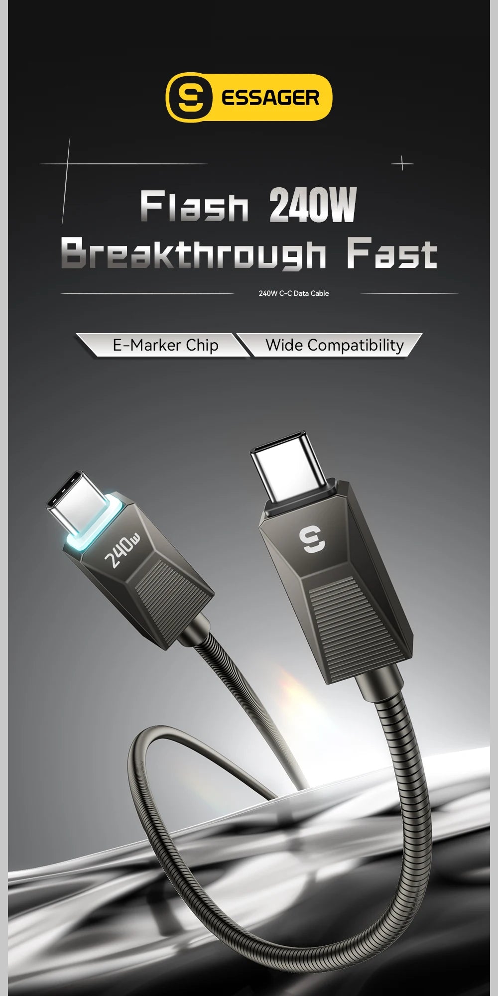 Essager-Cable tipo C de carga súper rápida de 240W, Cable de datos de acero inoxidable de carga rápida de 100W 5A para Macbook iPad iPone 16 15 Pro Max