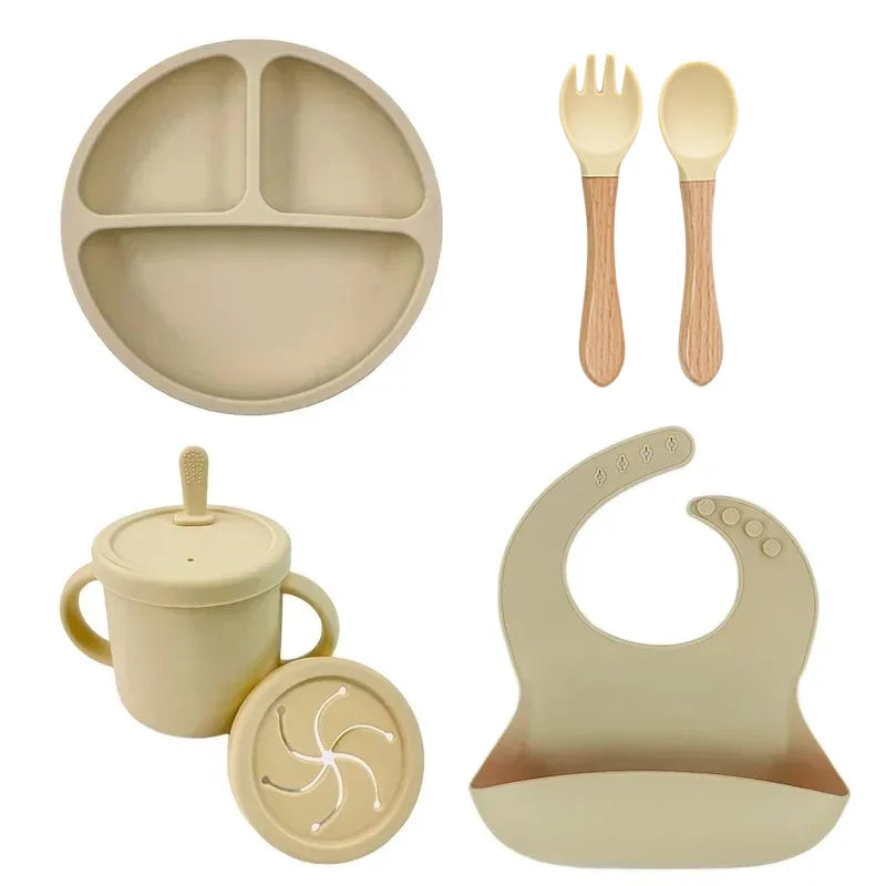 Juego de alimentación de bebé de silicona sin BPA, cuenco con ventosa, plato de comedor, taza de paja, cuchara, tenedores para niños, vajilla para bebés, platos para niños