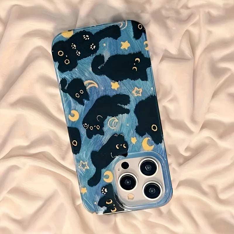 Funda de teléfono para iPhone 17 Pro Max 16E 16 15 14 13 12 11 XS X XR 7 8 Plus SE2 Air Moon Stars y gatos negros diseño funda de silicona