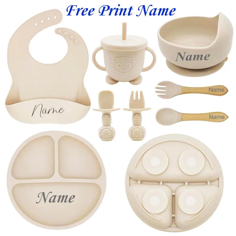 Juego de alimentación de bebé con nombre personalizado, plato de silicona para niños, tazón, taza de paja, vajilla personalizada para niños, suministros para bebés, regalo para recién nacidos