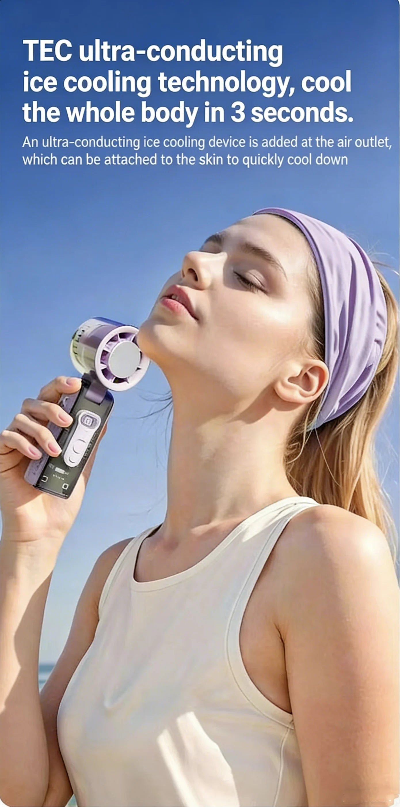 Mini Ventilador de Mano con Compresa de Hielo, Turbo Jet, 100 Velocidades Ajustables, Recargable por USB, Ventilador Portátil de Refrigeración, Ventilador Turbo para Cuello para Exteriores