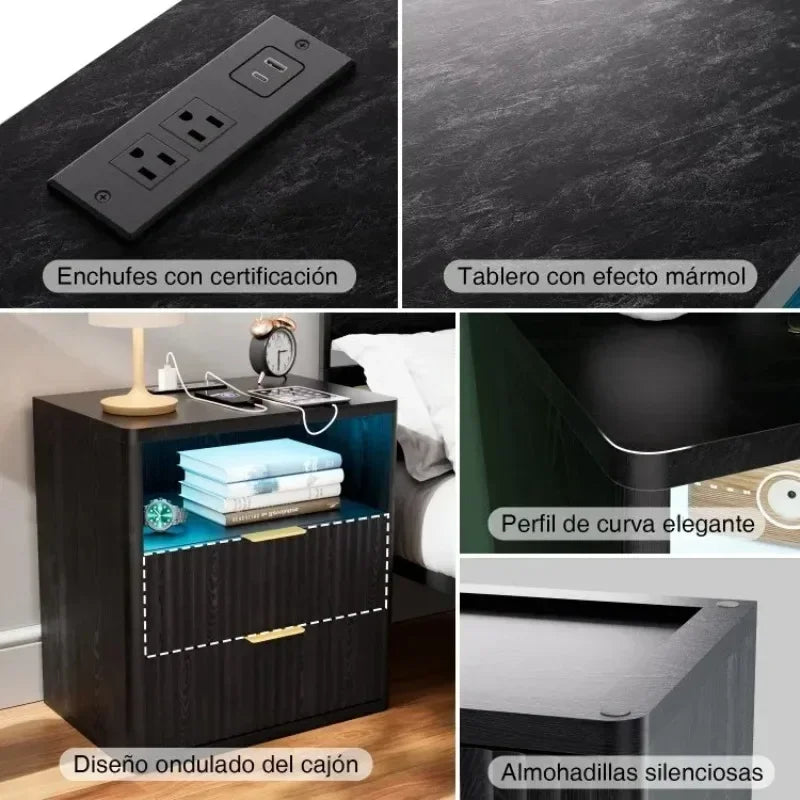 Mesa de Noche con 2 Cajones y Estación de Carga, Ahorra Espacio, con Tomacorriente, de Madera, para Dormitorio, Esquina de Escritorio, Sala de Estar, Hogar